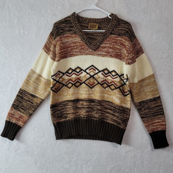 VTG D'Amigo Men's V-Neck Sweater Size Medium Brown Color Block Diamond Pattern - Picture 2 of 16